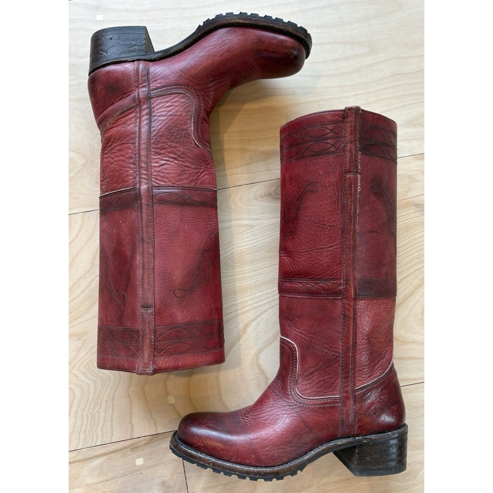 VTG 90s Frye Campus Longhorn Boots Womens Burgundy Leather Square Toe Size 10 - Picture 2 of 14